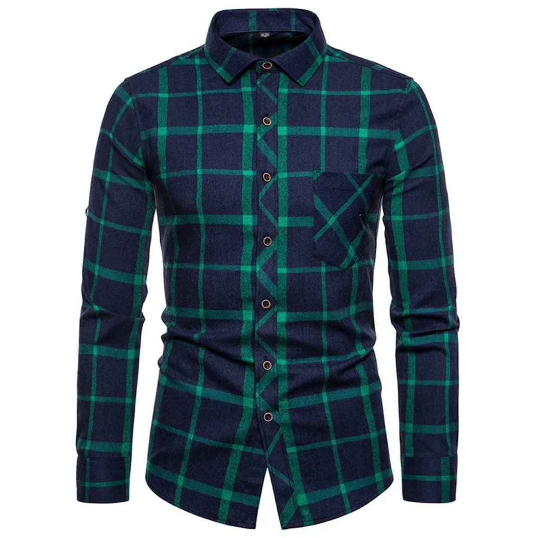 Trachtenhemd Herren - Baumwolle Kariert Blau Oktoberfest-Grün-38-Chaps Herrenmode