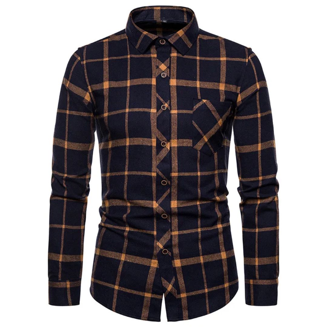 Trachtenhemd Herren - Baumwolle Kariert Blau Oktoberfest-Orange-38-Chaps Herrenmode