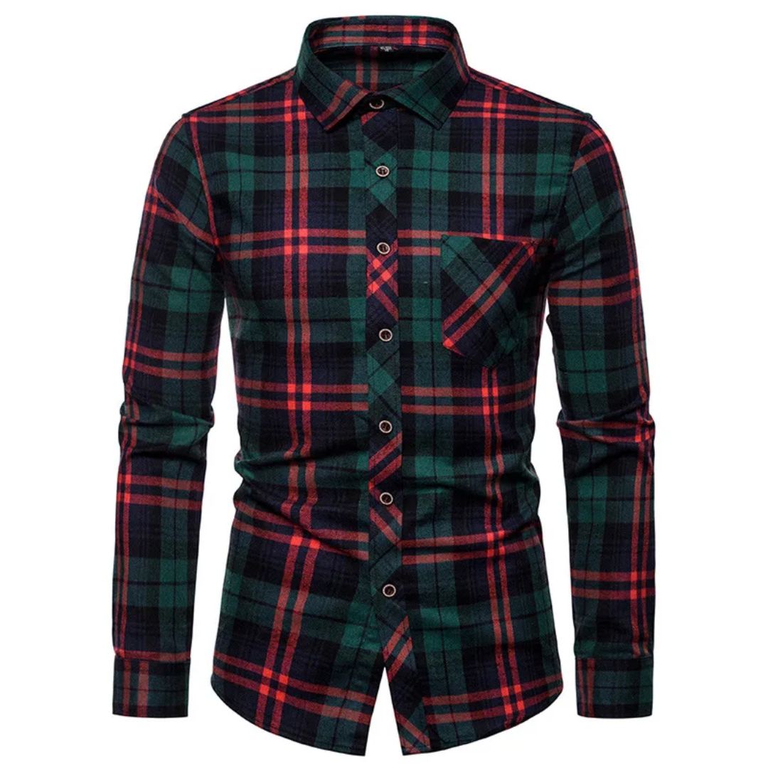 Trachtenhemd Herren - Baumwolle Kariert Blau Oktoberfest-Rot/Grün-38-Chaps Herrenmode
