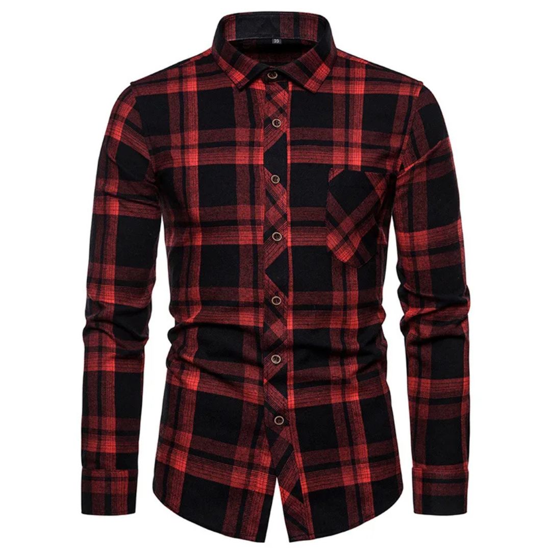 Trachtenhemd Herren - Baumwolle Kariert Blau Oktoberfest-Rot/Schwarz-38-Chaps Herrenmode