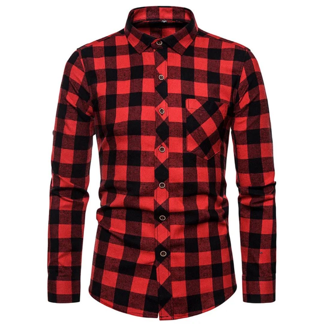 Trachtenhemd Herren - Baumwolle Kariert Blau Oktoberfest-Schwarz/Rot-38-Chaps Herrenmode