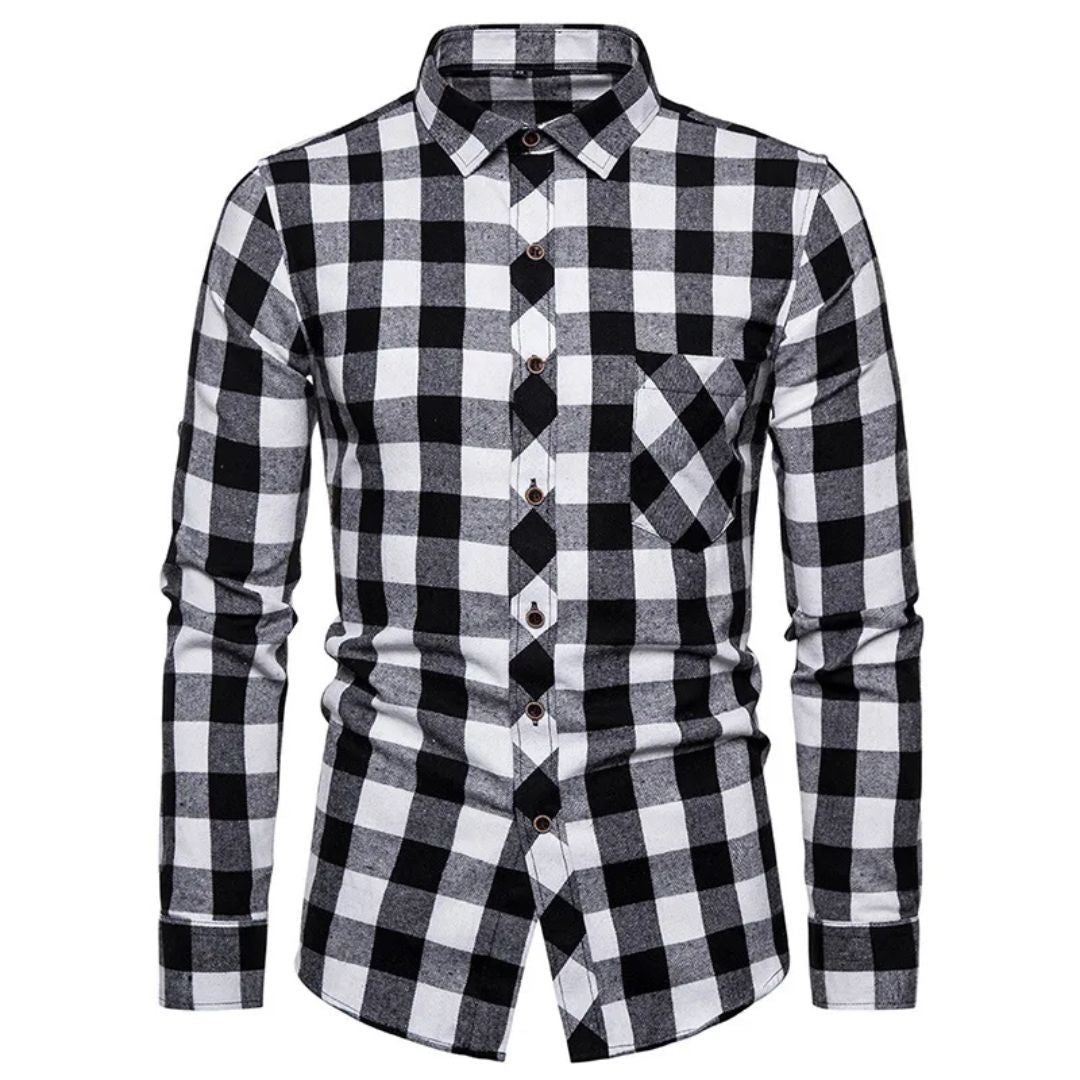 Trachtenhemd Herren - Baumwolle Kariert Blau Oktoberfest-Schwarz/Weiss-38-Chaps Herrenmode
