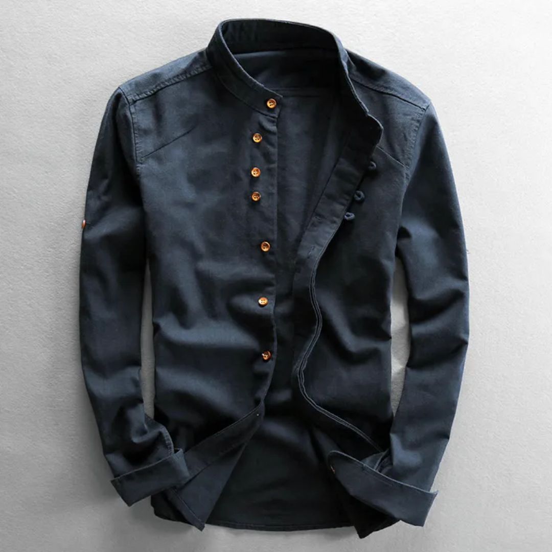 Trachtenhemd Herren - Baumwolle Leinen Stehkragen Grau Oktoberfest-Navy blau-L-Chaps Herrenmode