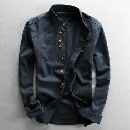 Trachtenhemd Herren - Baumwolle Leinen Stehkragen Grau Oktoberfest-Navy blau-L-Chaps Herrenmode