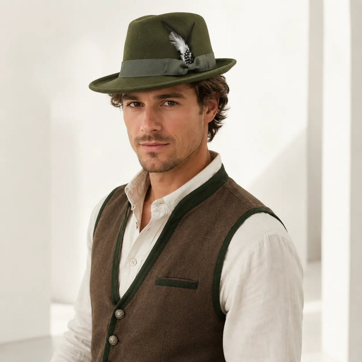Trachtenhut - Herren Filz Traditionell Bayerisch Khaki Oktoberfest-Grün-Chaps Herrenmode
