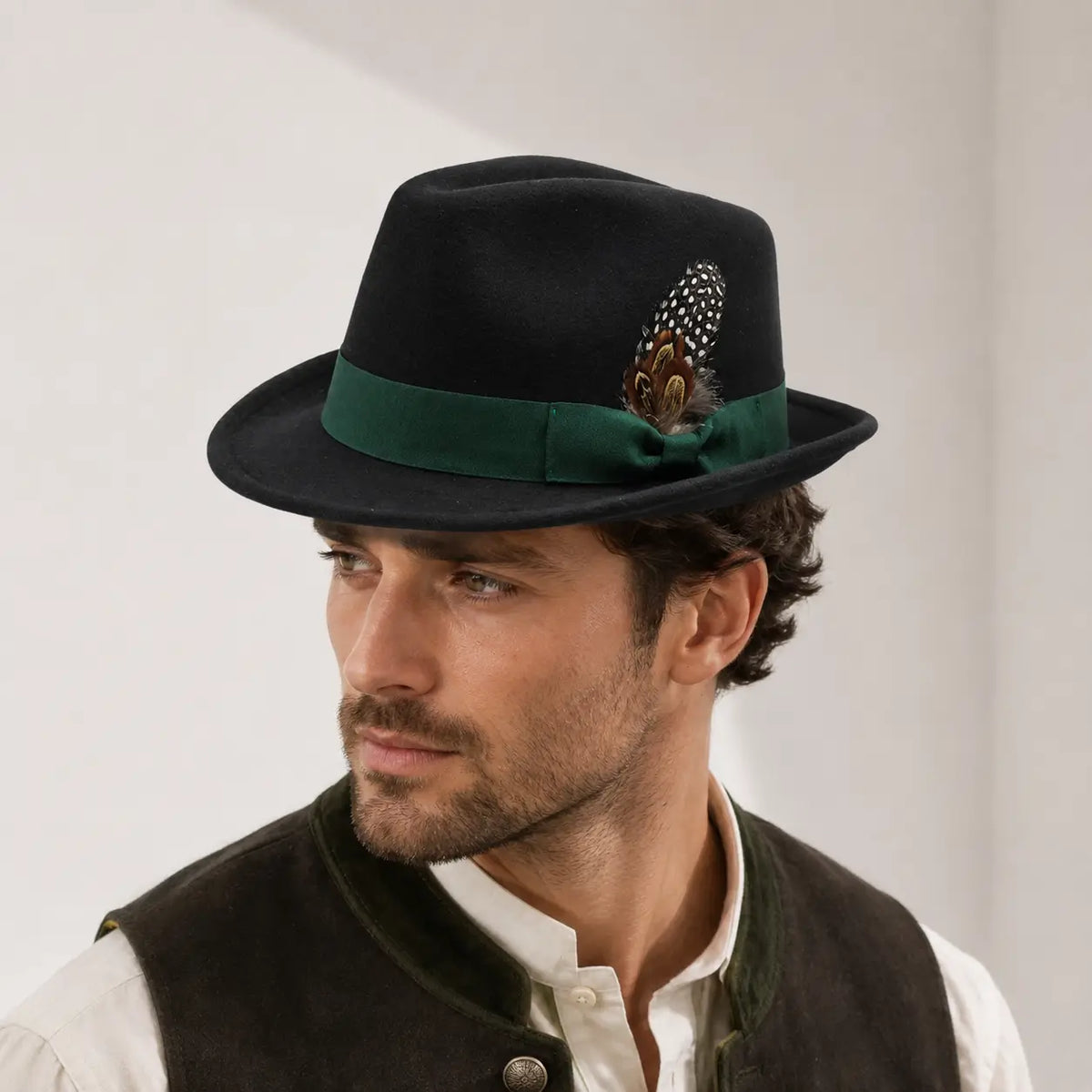 Trachtenhut - Herren Filz Traditionell Bayerisch Khaki Oktoberfest-Schwarz-Chaps Herrenmode