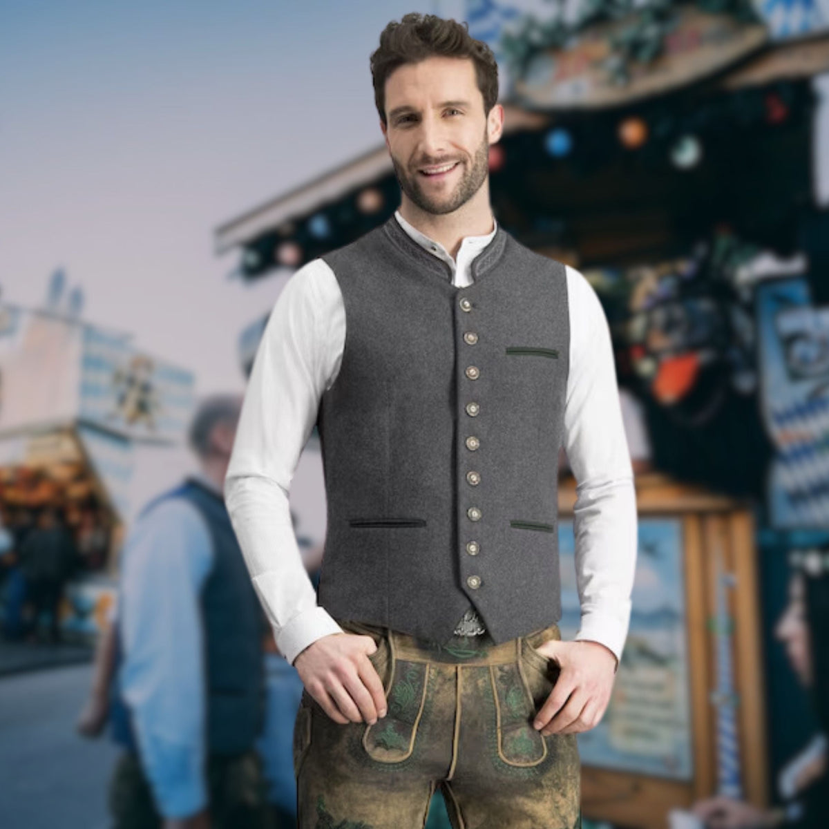 Trachtenweste Herren - Kurz Traditionell Schwarz Oktoberfest-Schwarz-L-Chaps Herrenmode