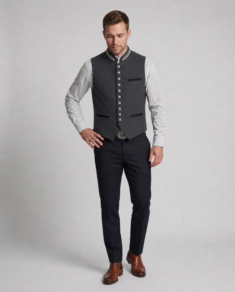 Trachtenweste Herren - Stehkragen Traditionell Grau Oktoberfest-Chaps Herrenmode