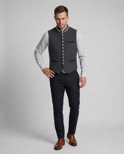 Trachtenweste Herren - Stehkragen Traditionell Grau Oktoberfest-Chaps Herrenmode