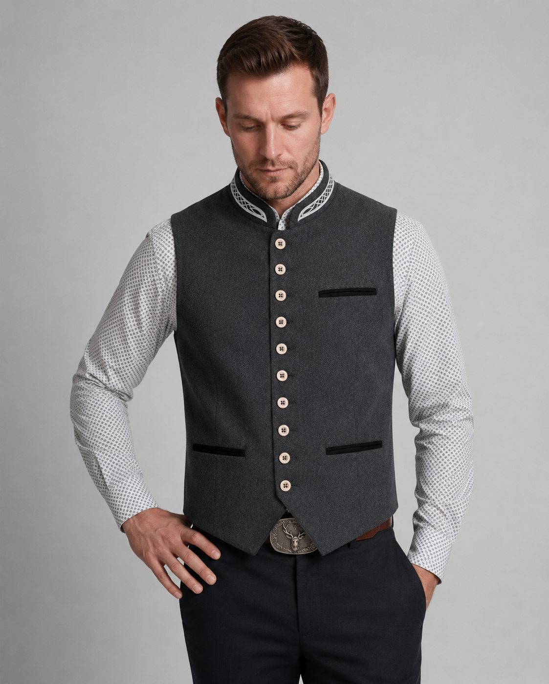 Trachtenweste Herren - Stehkragen Traditionell Grau Oktoberfest-Chaps Herrenmode