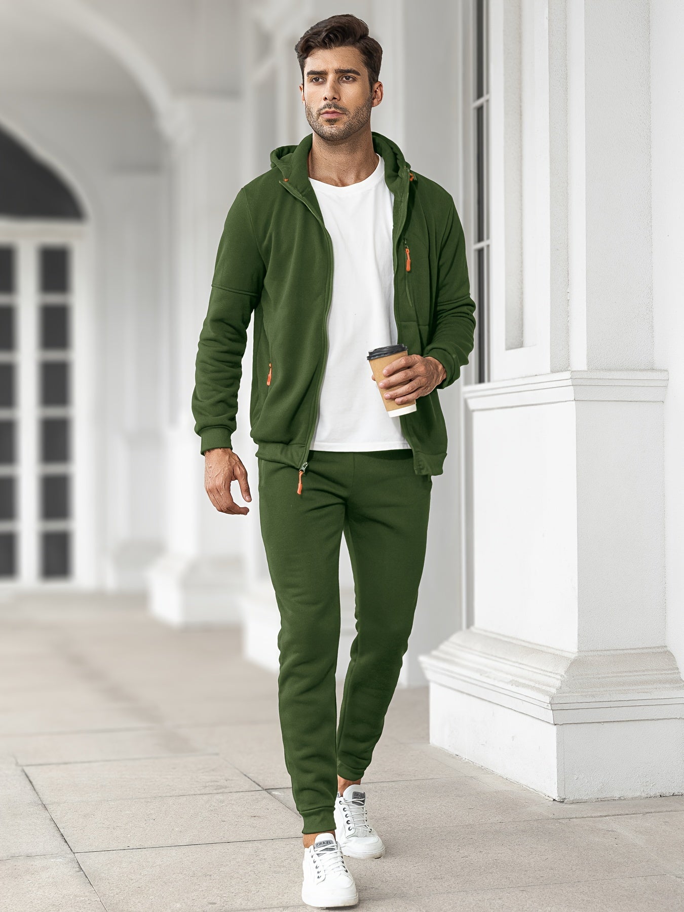 Trainingsanzug | Casual | Zip-Up | Kapuzenpulli und Sweatpants Set | Jogginganzug für Männer-Armeegrün-S(46)-Chaps Herrenmode