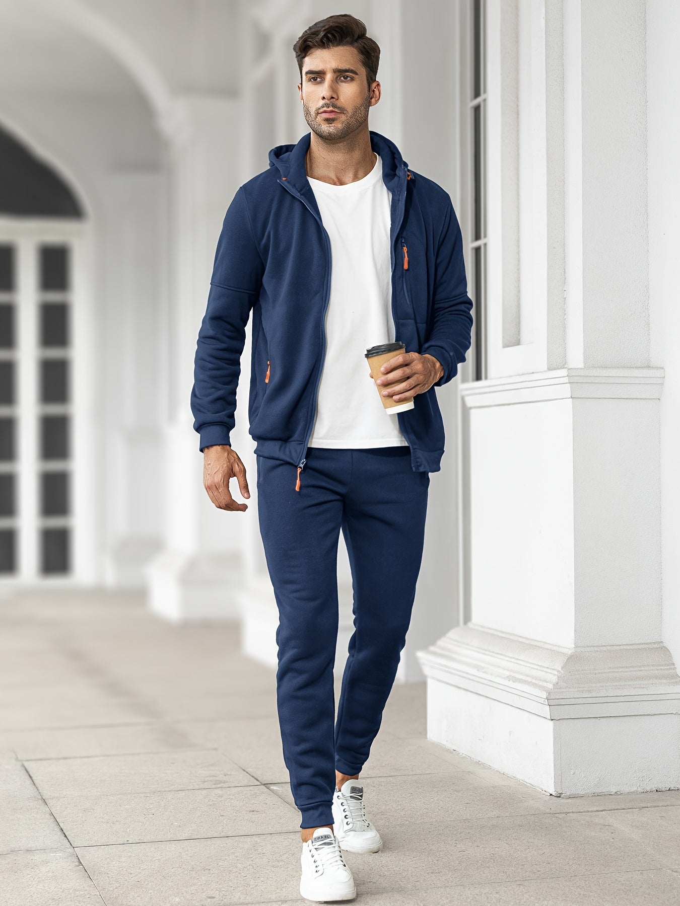 Trainingsanzug | Casual | Zip-Up | Kapuzenpulli und Sweatpants Set | Jogginganzug für Männer-Marineblau-S(46)-Chaps Herrenmode