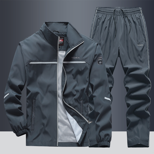 Trainingsanzug – Set aus winddichter Jacke mit Reißverschluss und Trainingshose für Herren-Grau-S-Chaps Herrenmode