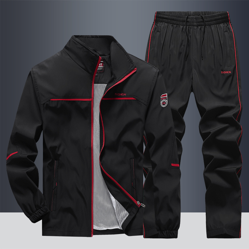 Trainingsanzug – Set aus winddichter Jacke mit Reißverschluss und Trainingshose für Herren-Schwarz-S-Chaps Herrenmode