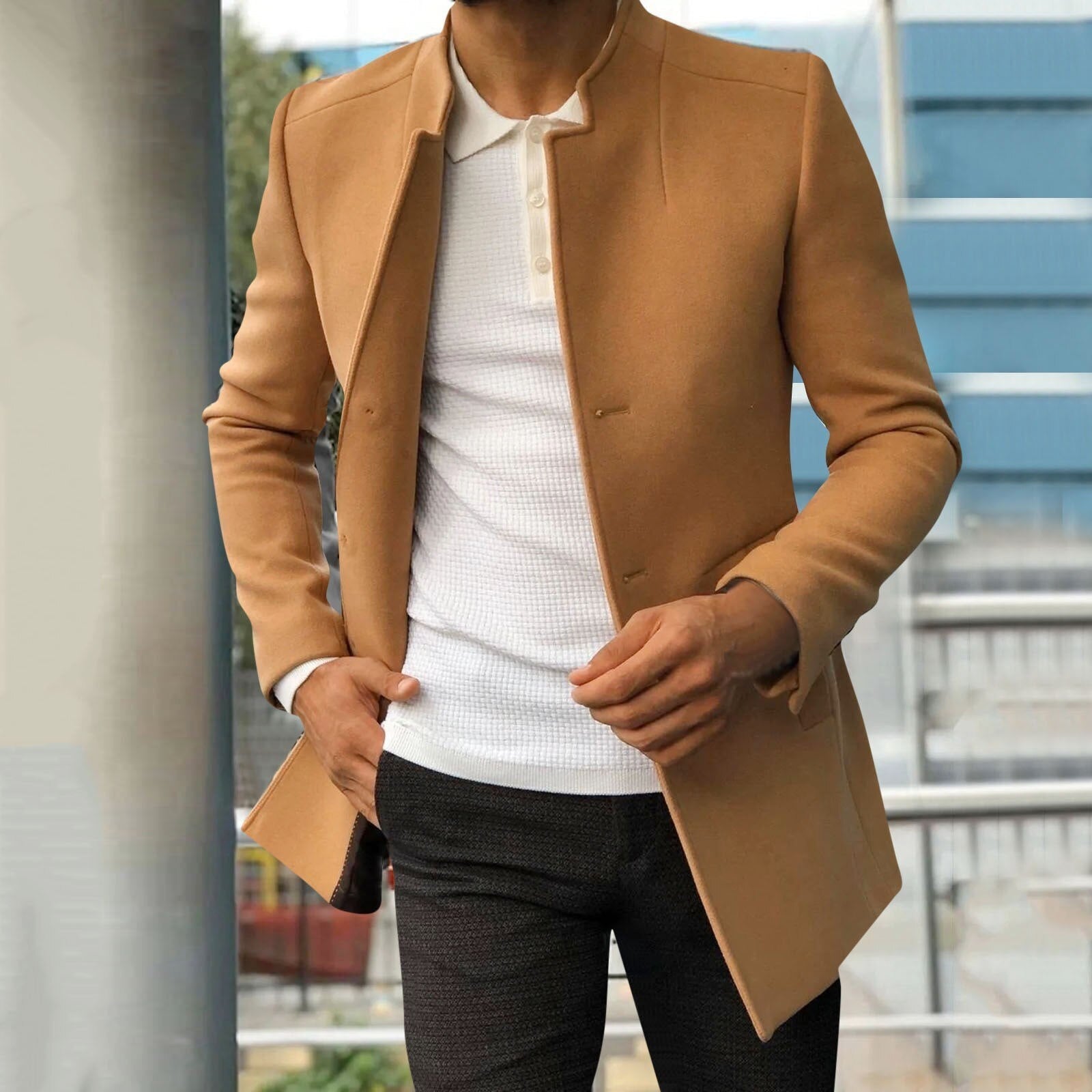 Trenchcoat - Eleganter einreihiger kurzer Trenchcoat für Herren-Braun-S-Chaps Herrenmode