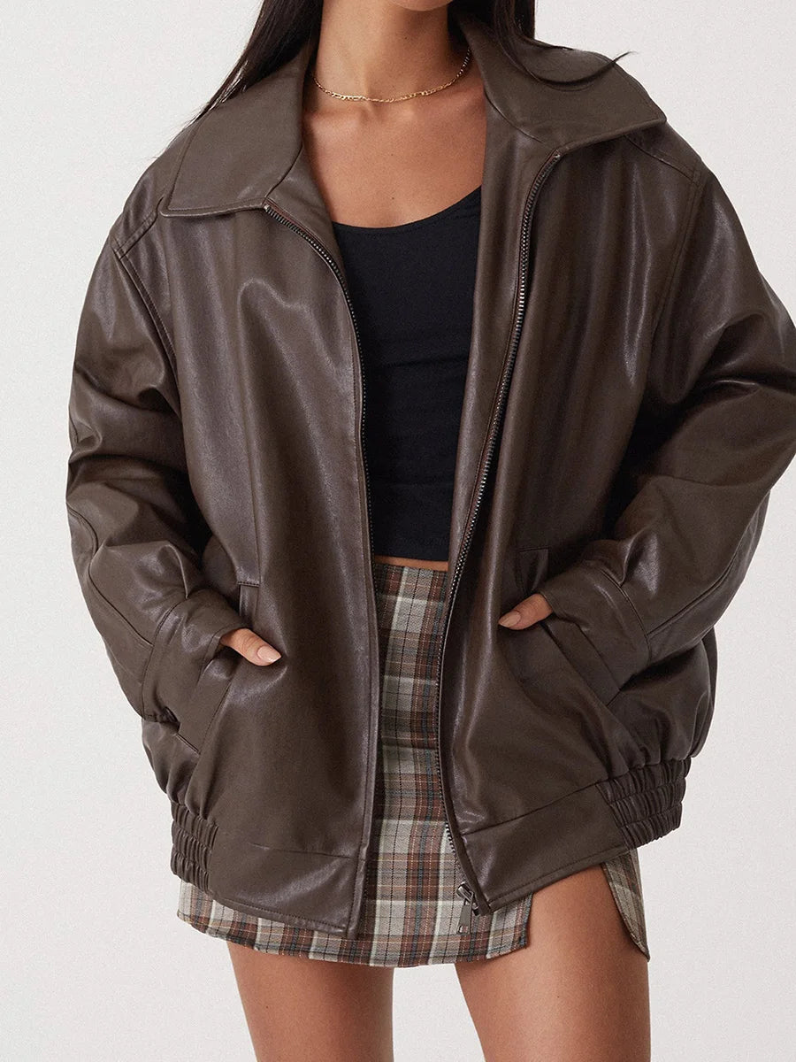 Übergroße Lederjacke – Kunstleder – Reißverschluss – Leder-Bomberjacke – Damen-Lederjacke-Braun-S-Chaps Herrenmode