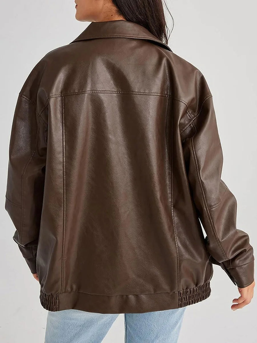 Übergroße Lederjacke – Kunstleder – Reißverschluss – Leder-Bomberjacke – Damen-Lederjacke-Chaps Herrenmode