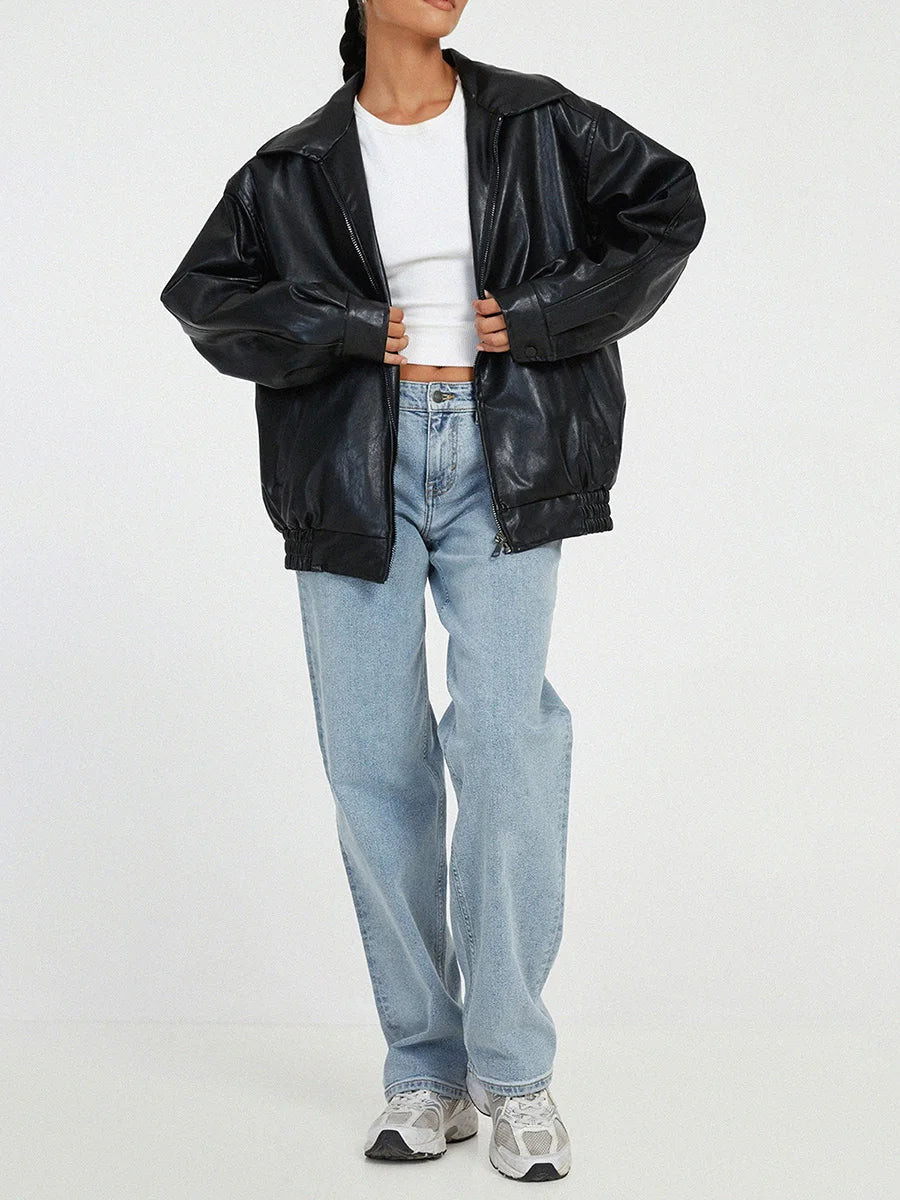 Übergroße Lederjacke – Kunstleder – Reißverschluss – Leder-Bomberjacke – Damen-Lederjacke-Chaps Herrenmode