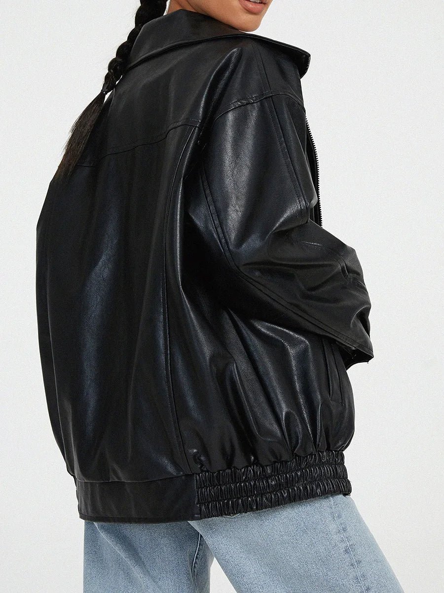 Übergroße Lederjacke – Kunstleder – Reißverschluss – Leder-Bomberjacke – Damen-Lederjacke-Schwarz-S-Chaps Herrenmode