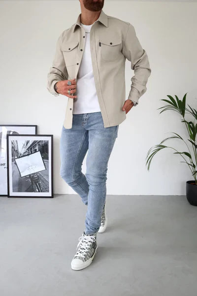 Überhemd - Brusttaschen - Knopfleiste - Hemdjacke - Herrenbekleidung-Beige-S-Chaps Herrenmode