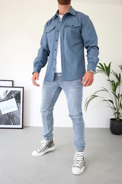 Überhemd - Brusttaschen - Knopfleiste - Hemdjacke - Herrenbekleidung-Blau-S-Chaps Herrenmode