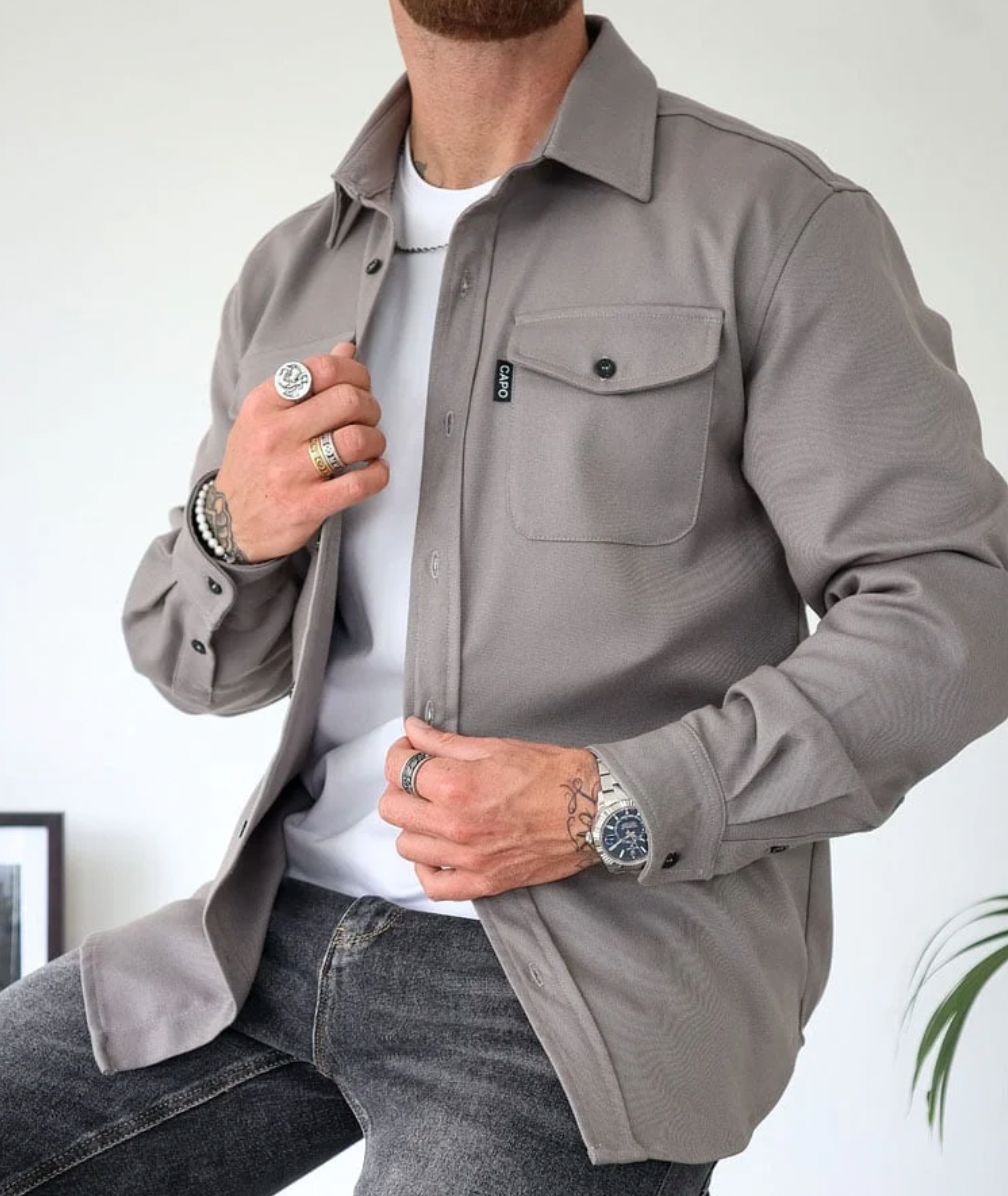 Überhemd | Button-Up | Umlegekragen | Herrenhemd | Hemdjacke-Grau-S-Chaps Herrenmode