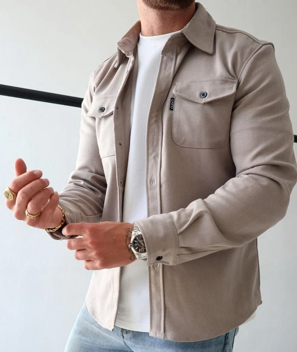 Überhemd - Umlegekragen - Langarm - Button-Up Hemd - Herrenhemden-Beige-XS-Chaps Herrenmode