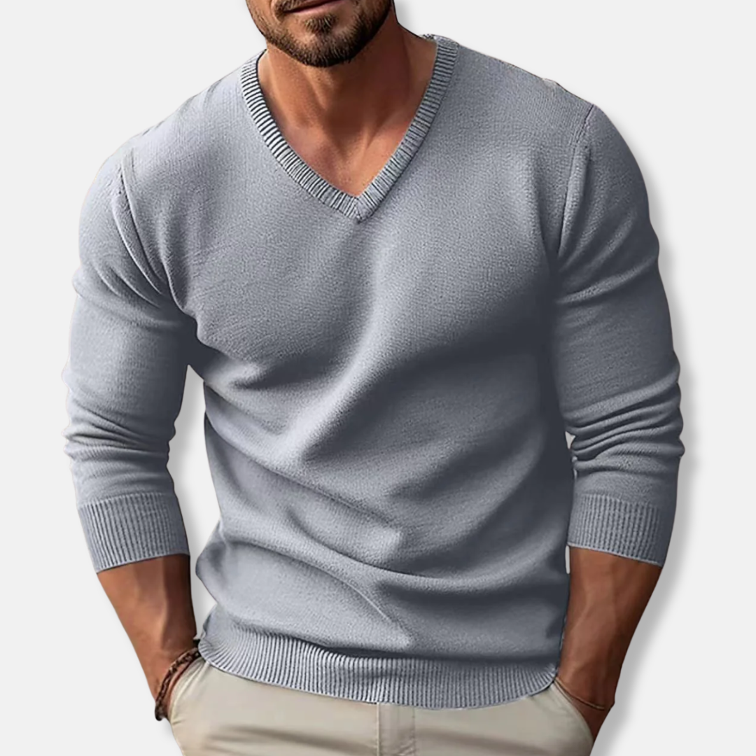 V-Ausschnitt-Pullover – Klassisch – Einfarbig – Strickpullover – Herrenpullover-Grau-S-Chaps Herrenmode