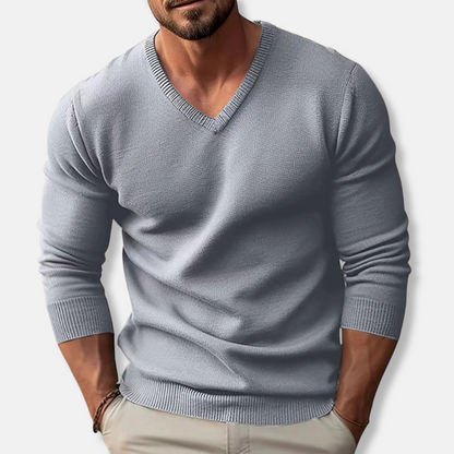 V-Ausschnitt-Pullover – Klassisch – Einfarbig – Strickpullover – Herrenpullover-Grau-S-Chaps Herrenmode
