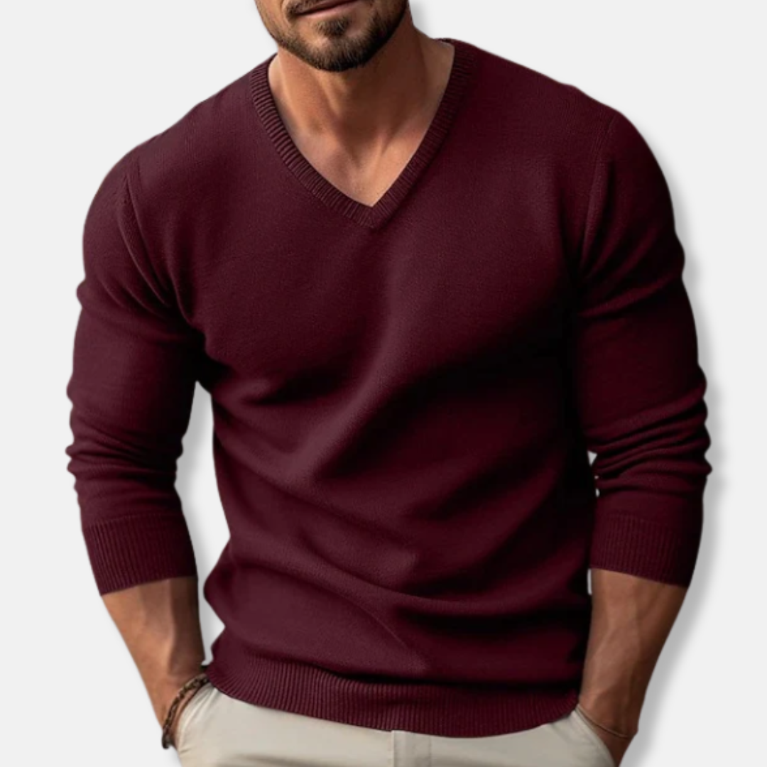 V-Ausschnitt-Pullover – Klassisch – Einfarbig – Strickpullover – Herrenpullover-Kastanienbraun-S-Chaps Herrenmode