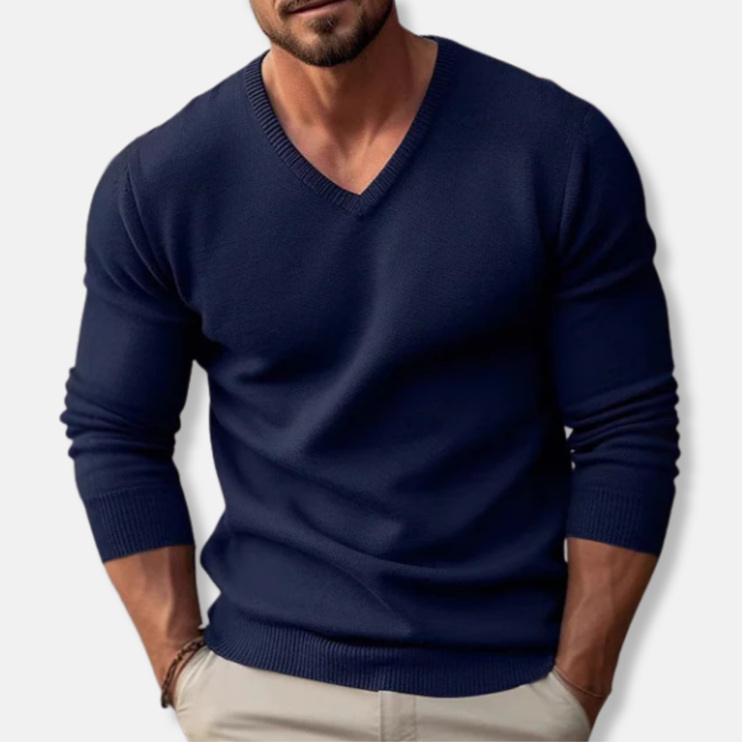 V-Ausschnitt-Pullover – Klassisch – Einfarbig – Strickpullover – Herrenpullover-Marineblau-S-Chaps Herrenmode