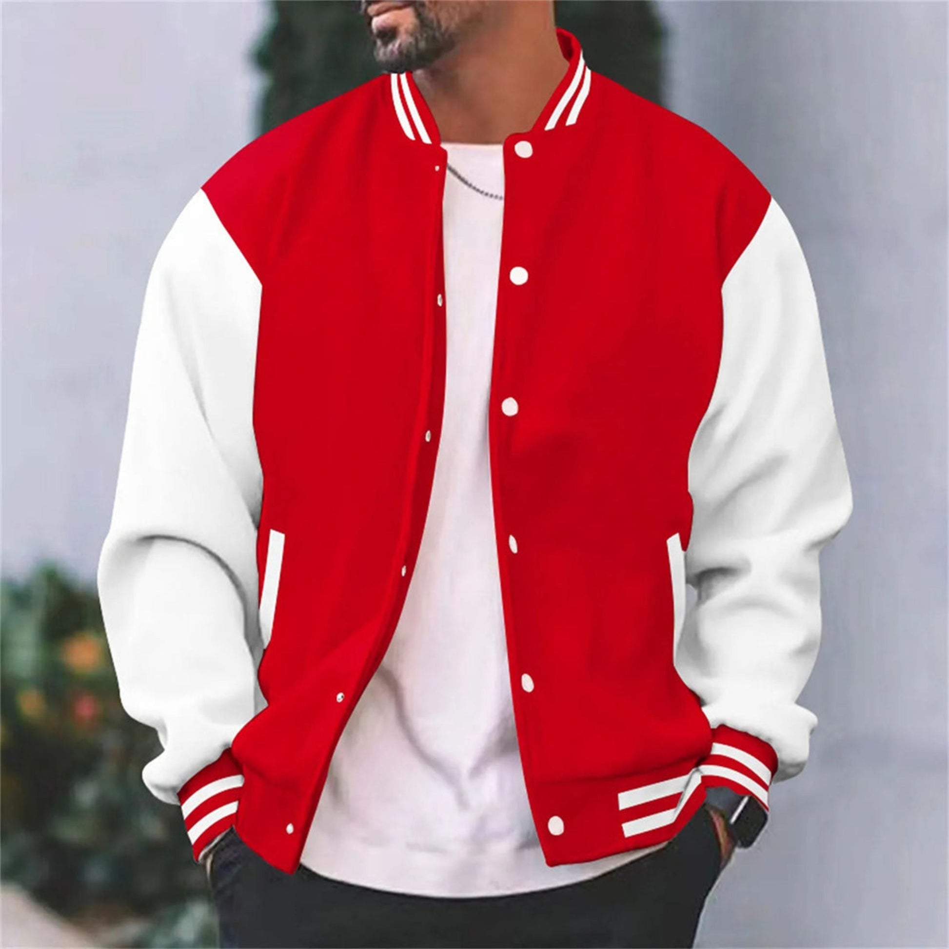 Varsity-Jacke – Lässige Baseball-Bomberjacke mit Knöpfen für Männer-Rot-S-Chaps Herrenmode