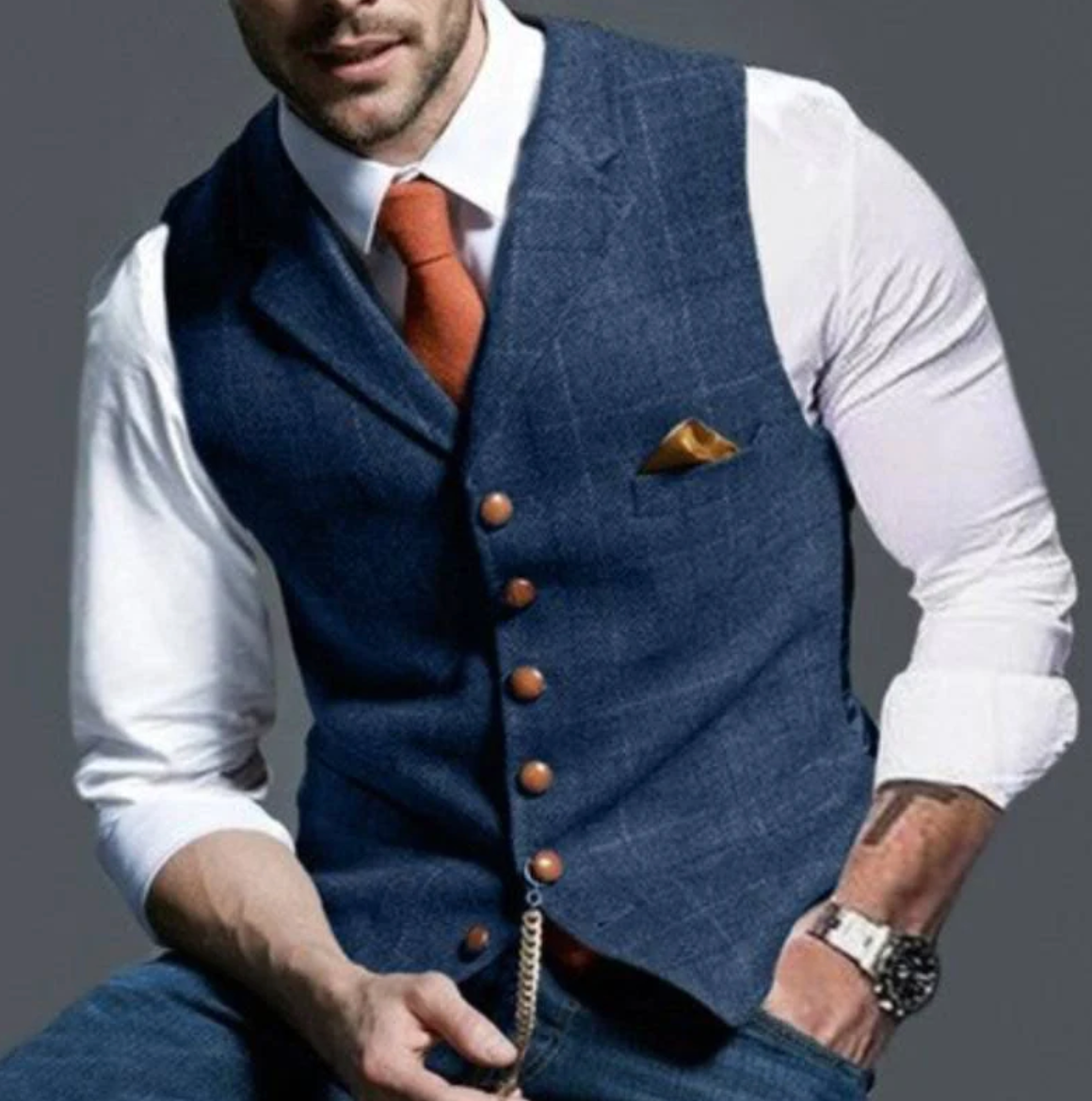 Weste - Einreihig - Kariert - Herrenweste - Tweedweste-Blau-XS-Chaps Herrenmode