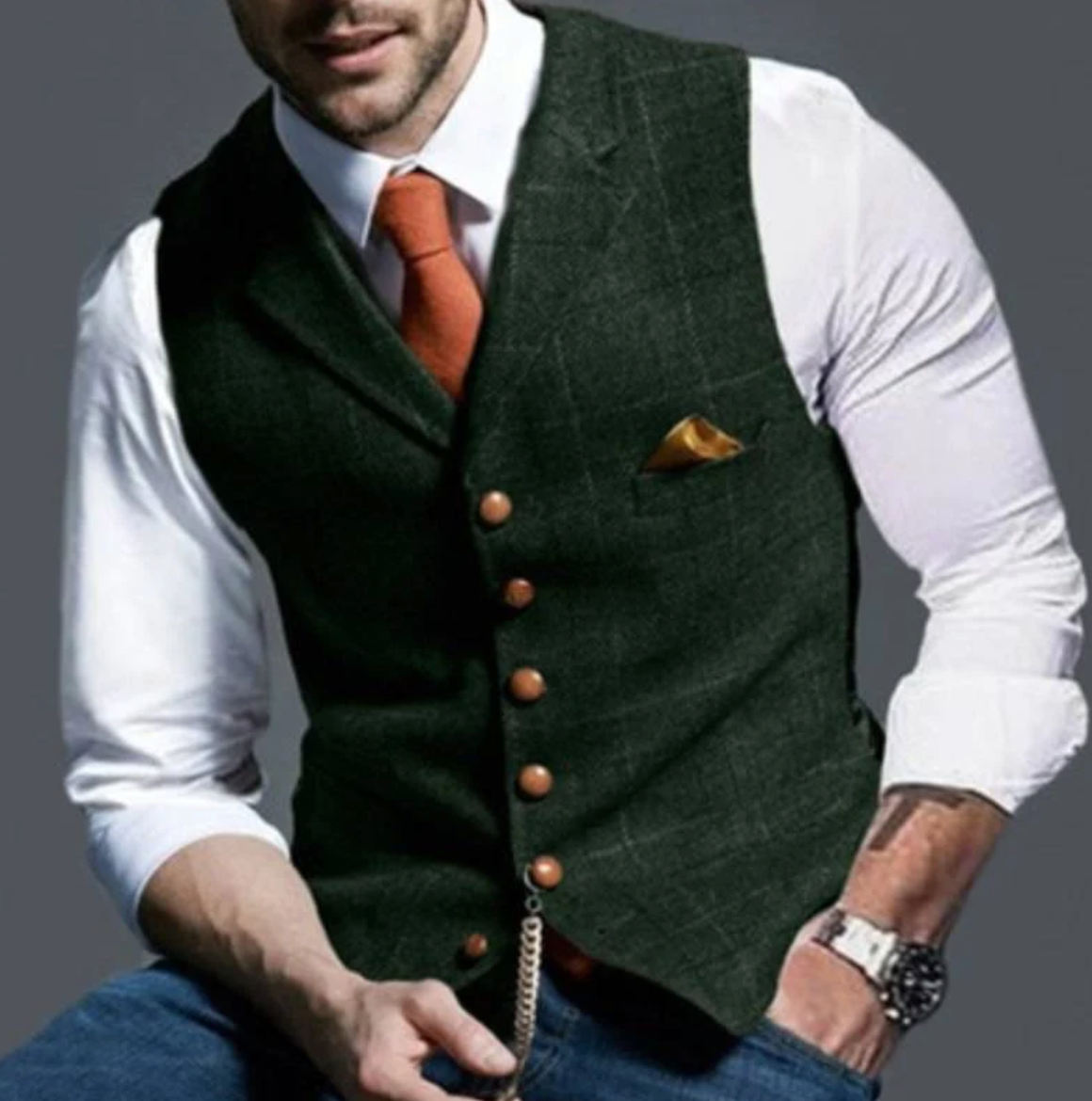 Weste - Einreihig - Kariert - Herrenweste - Tweedweste-Dunkelgrün-XS-Chaps Herrenmode