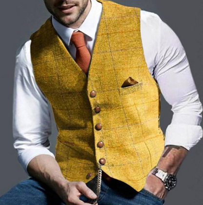 Weste - Einreihig - Kariert - Herrenweste - Tweedweste-Gelb-XS-Chaps Herrenmode