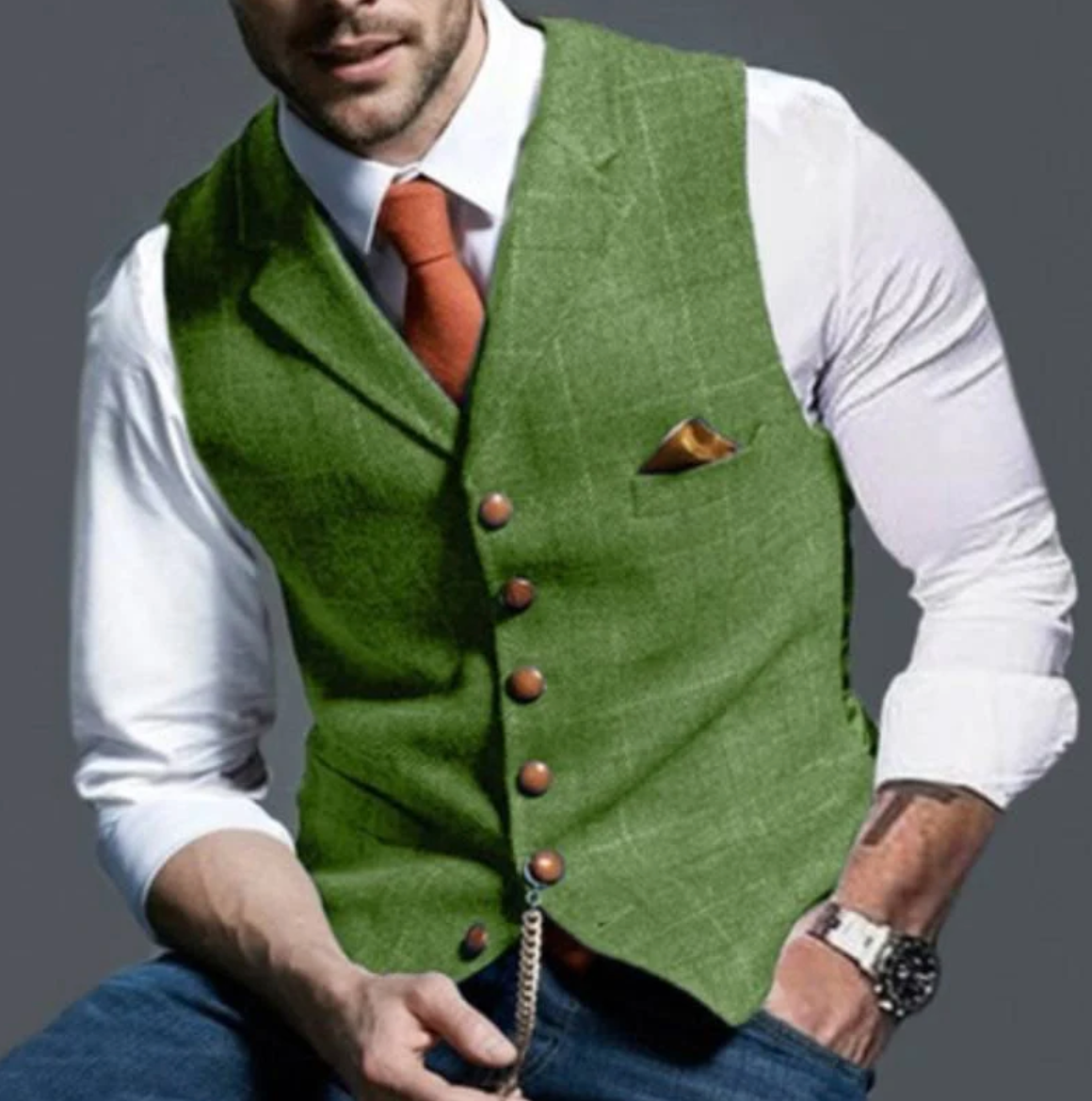Weste - Einreihig - Kariert - Herrenweste - Tweedweste-Hellgrün-XS-Chaps Herrenmode