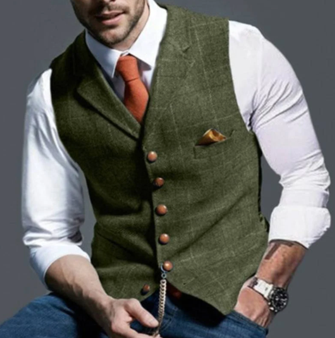 Weste - Einreihig - Kariert - Herrenweste - Tweedweste-Olivgrün-XS-Chaps Herrenmode