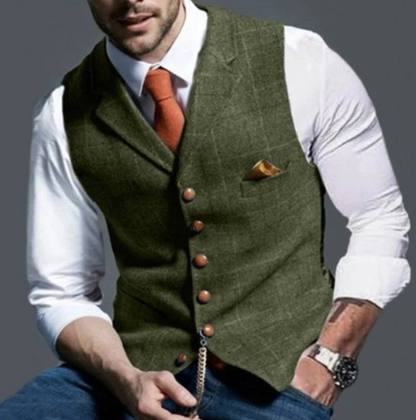 Weste - Einreihig - Kariert - Herrenweste - Tweedweste-Olivgrün-XS-Chaps Herrenmode