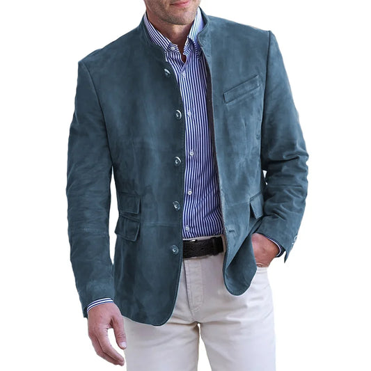 Wildleder Blazer - Einreihige Herren Blazerjacke mit Mandarinenkragen-Blau-S-Chaps Herrenmode