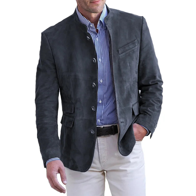 Wildleder Blazer - Einreihige Herren Blazerjacke mit Mandarinenkragen-Schwarz-S-Chaps Herrenmode