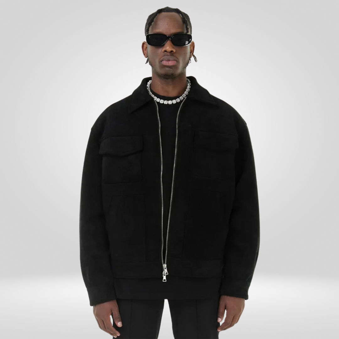 Wildlederjacke - Herrenjacke mit Reißverschluss und Kragen mit Taschen-Schwarz-M-Chaps Herrenmode