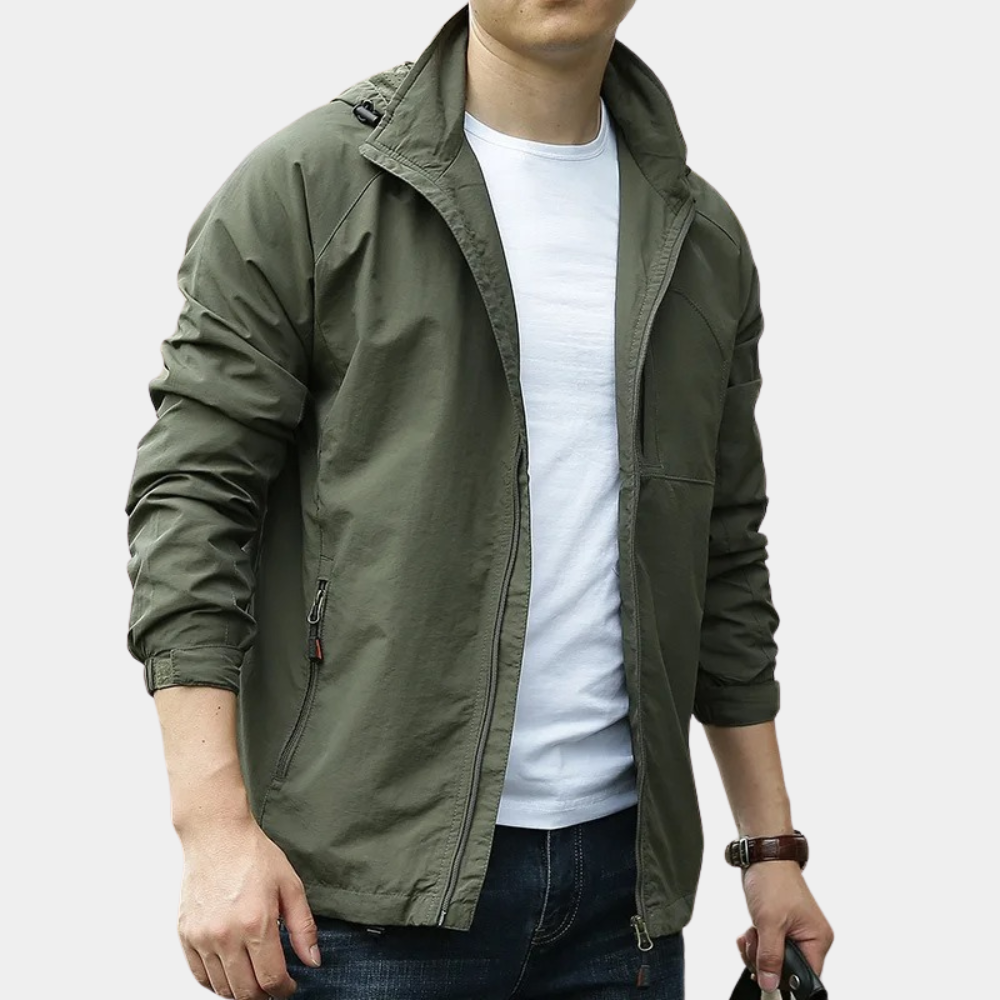 Windbreaker-Jacke – mit Kapuze – Reißverschluss – leichte Jacke – Herrenjacke-Armeegrün-M-Chaps Herrenmode