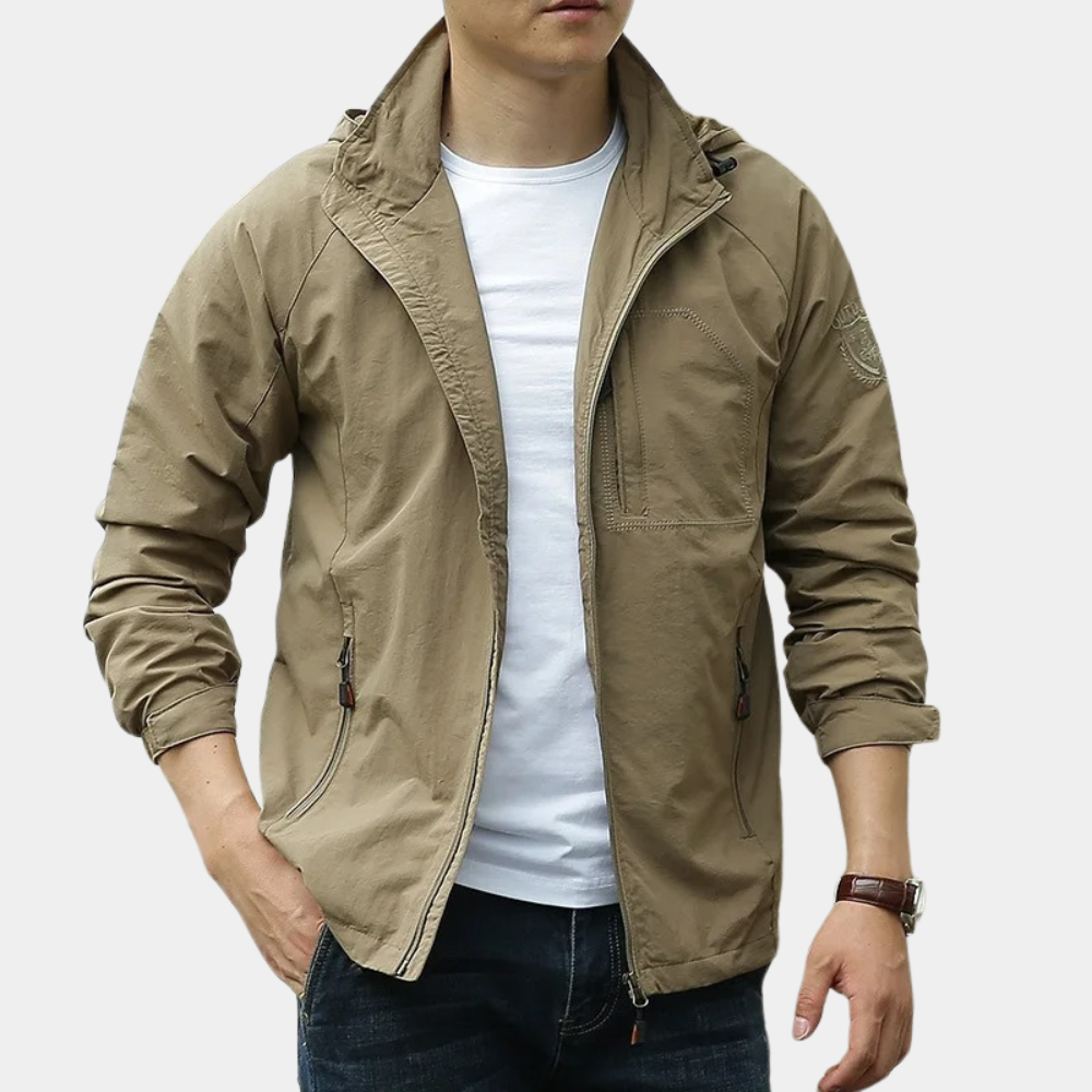 Windbreaker-Jacke – mit Kapuze – Reißverschluss – leichte Jacke – Herrenjacke-Khaki-M-Chaps Herrenmode