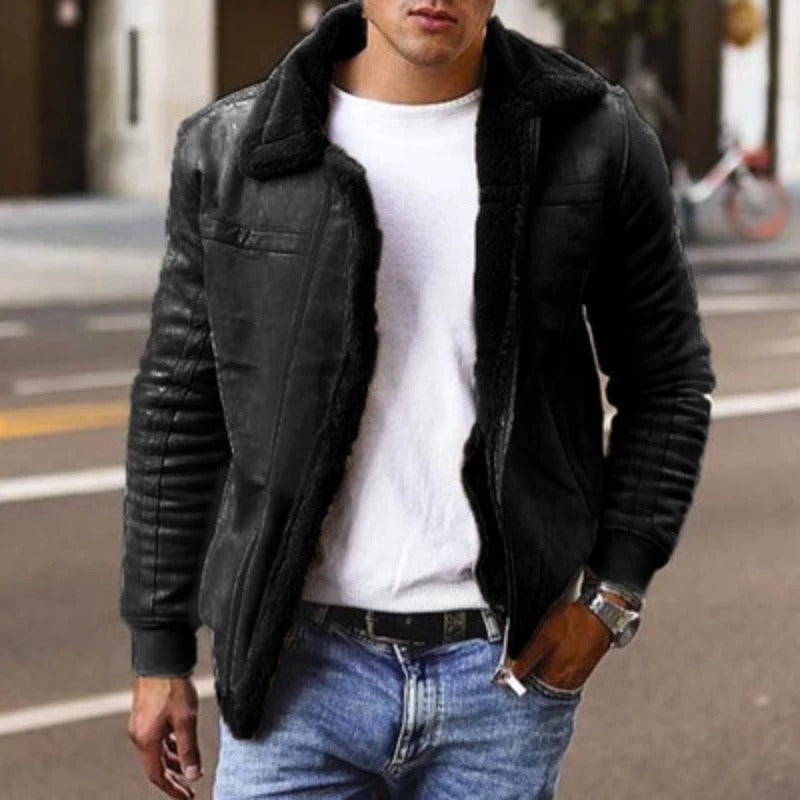 Winter-Lederjacke – Herren-Bikerjacke mit Fellfutter-Schwarz-S-Chaps Herrenmode