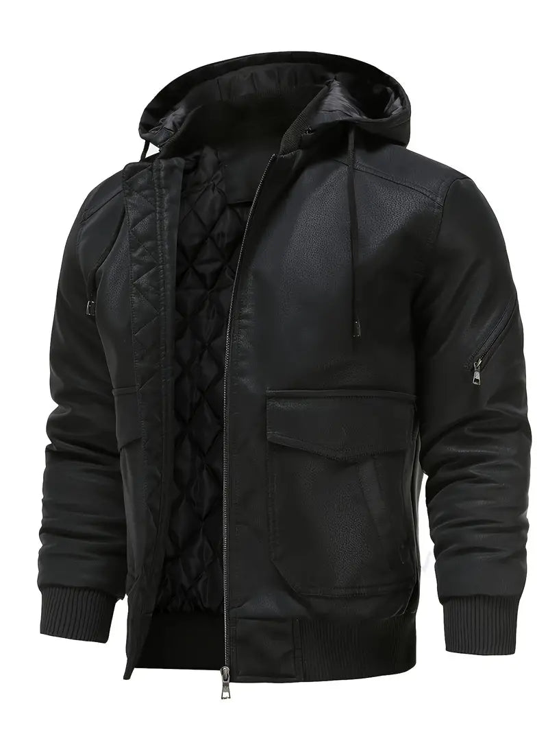 Winter-Lederjacke – winddichte PU-Lederjacke mit Kapuze und gestepptem Innenfutter für Herren-Chaps Herrenmode