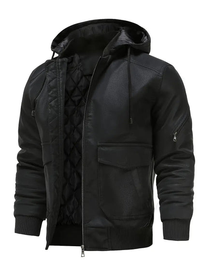 Winter-Lederjacke – winddichte PU-Lederjacke mit Kapuze und gestepptem Innenfutter für Herren-Chaps Herrenmode