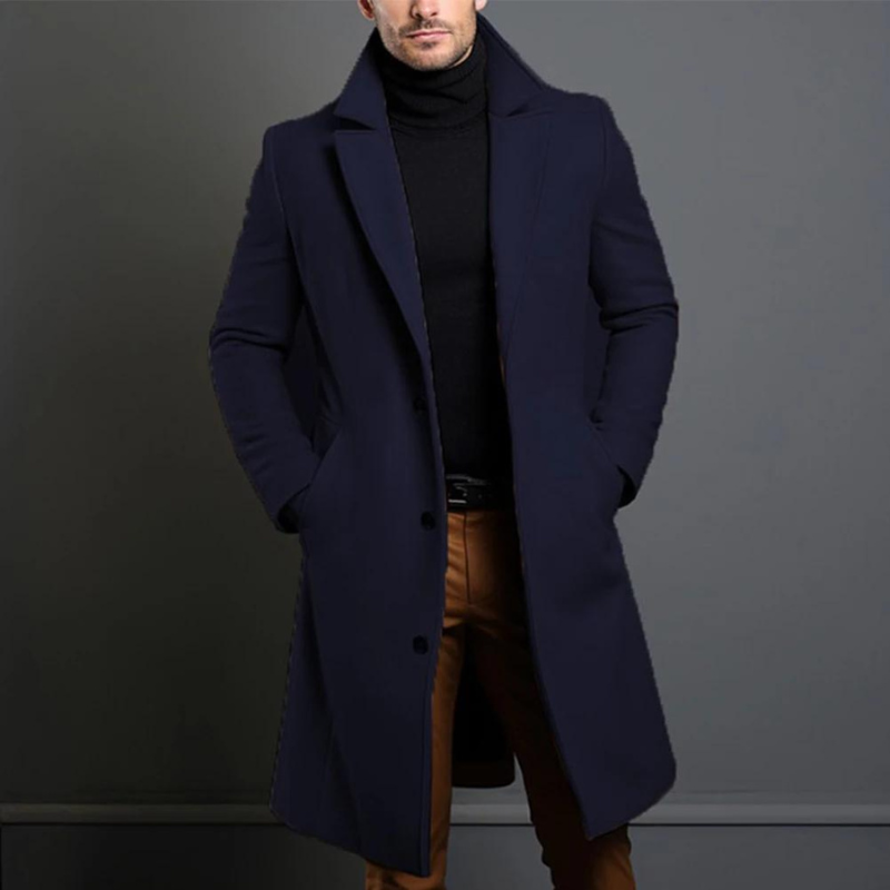 Winter-Trenchcoat – Einreihig – Lang – Wollmantel – Herrenmantel-Blau-S-Chaps Herrenmode