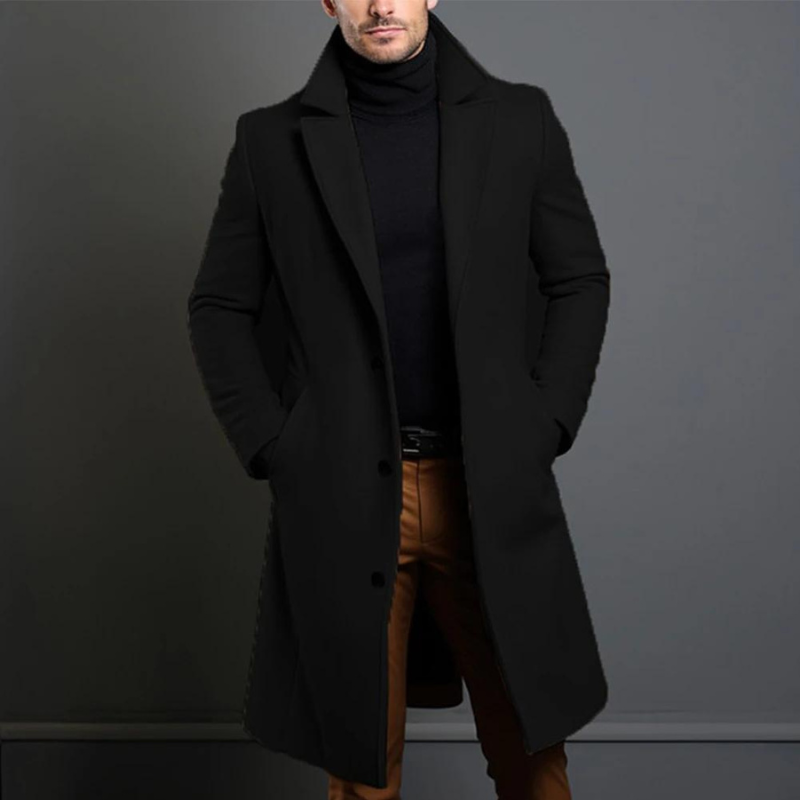 Winter-Trenchcoat – Einreihig – Lang – Wollmantel – Herrenmantel-Schwarz-S-Chaps Herrenmode