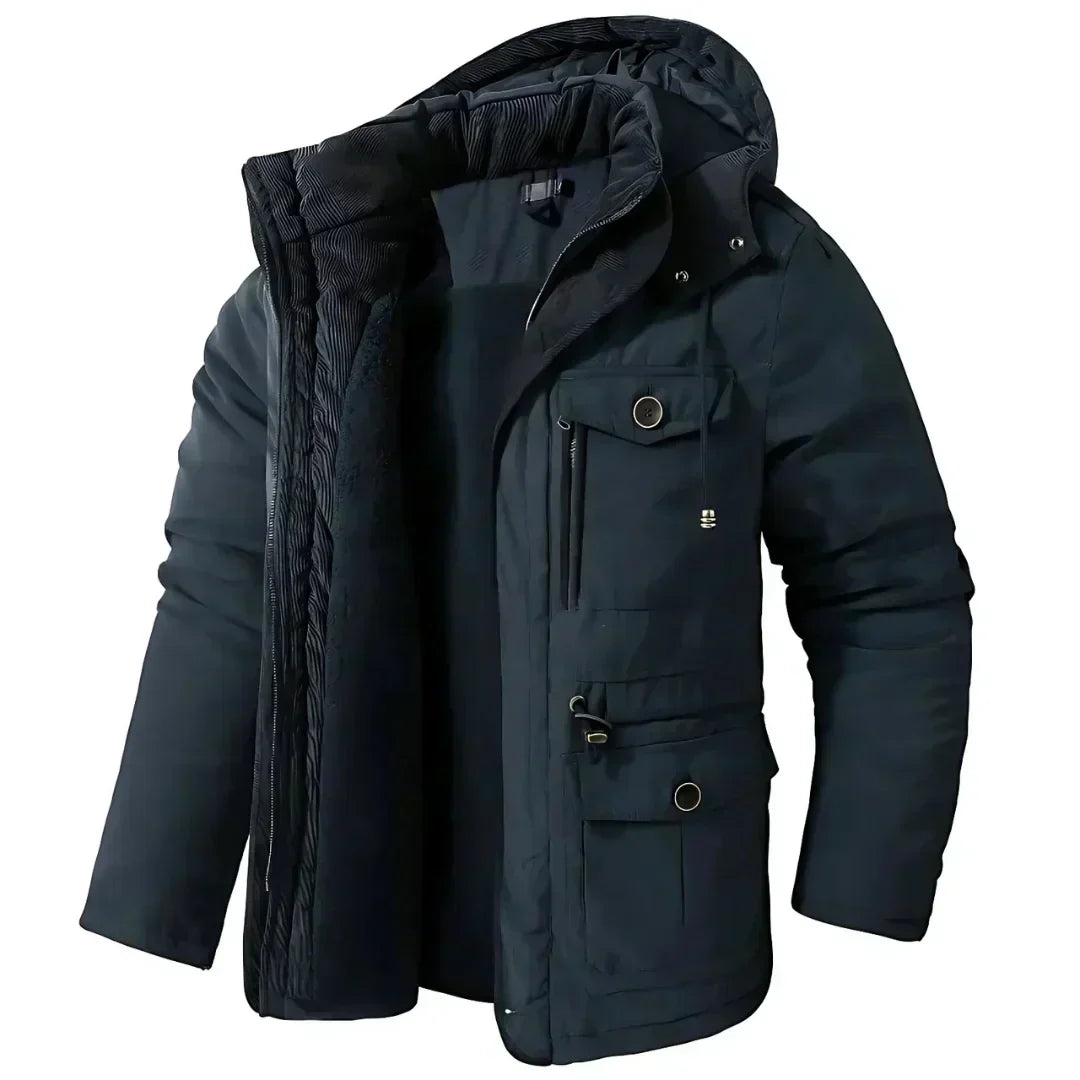 Winterjacke – Herren-Wintermantel mit Kapuze, Fleecefutter und Cargotaschen-Blau-M-Chaps Herrenmode