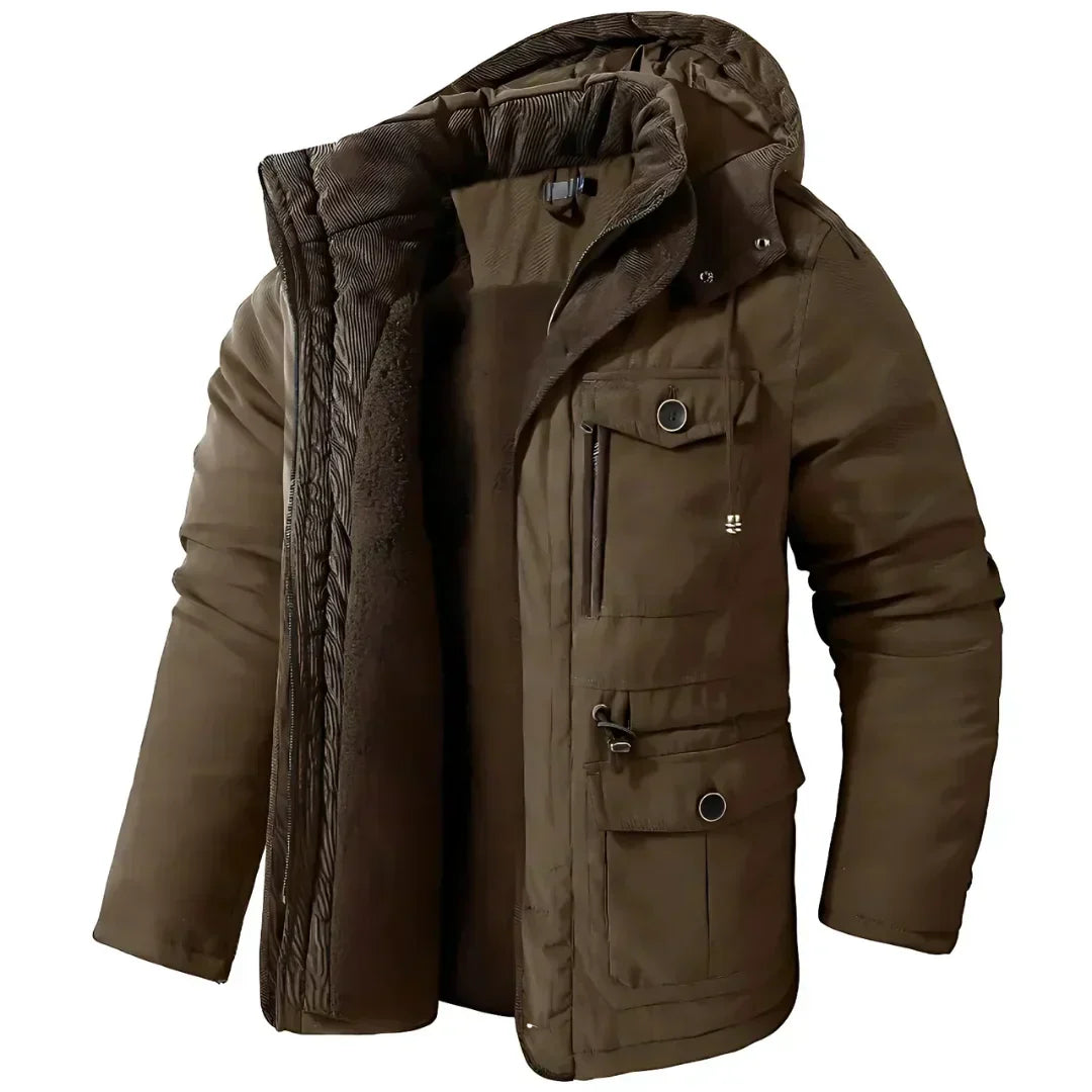 Winterjacke – Herren-Wintermantel mit Kapuze, Fleecefutter und Cargotaschen-Braun-M-Chaps Herrenmode